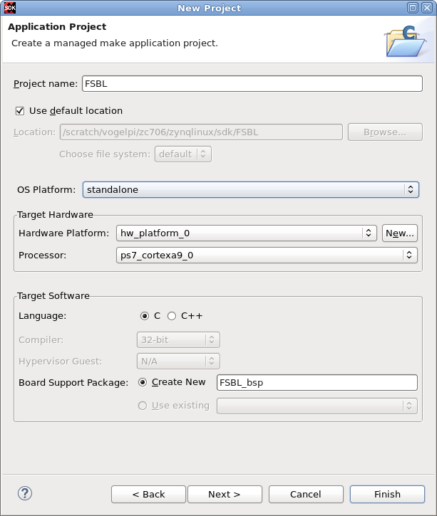 Application Project dialog box in Xilinx SDK