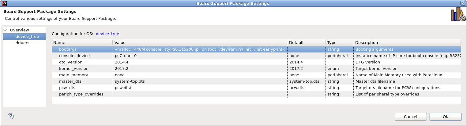Board Support Package Settings dialog box in Xilinx SDK