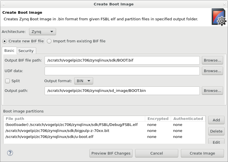 Create Boot Image dialog box in Xilinx SDK