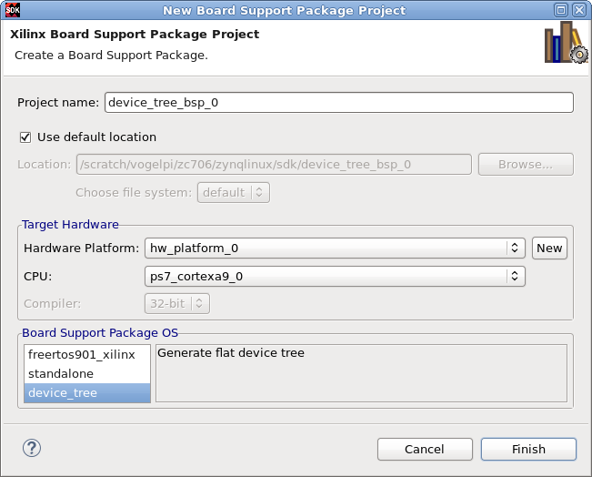New Board Support Package Project dialog box in Xilinx SDK